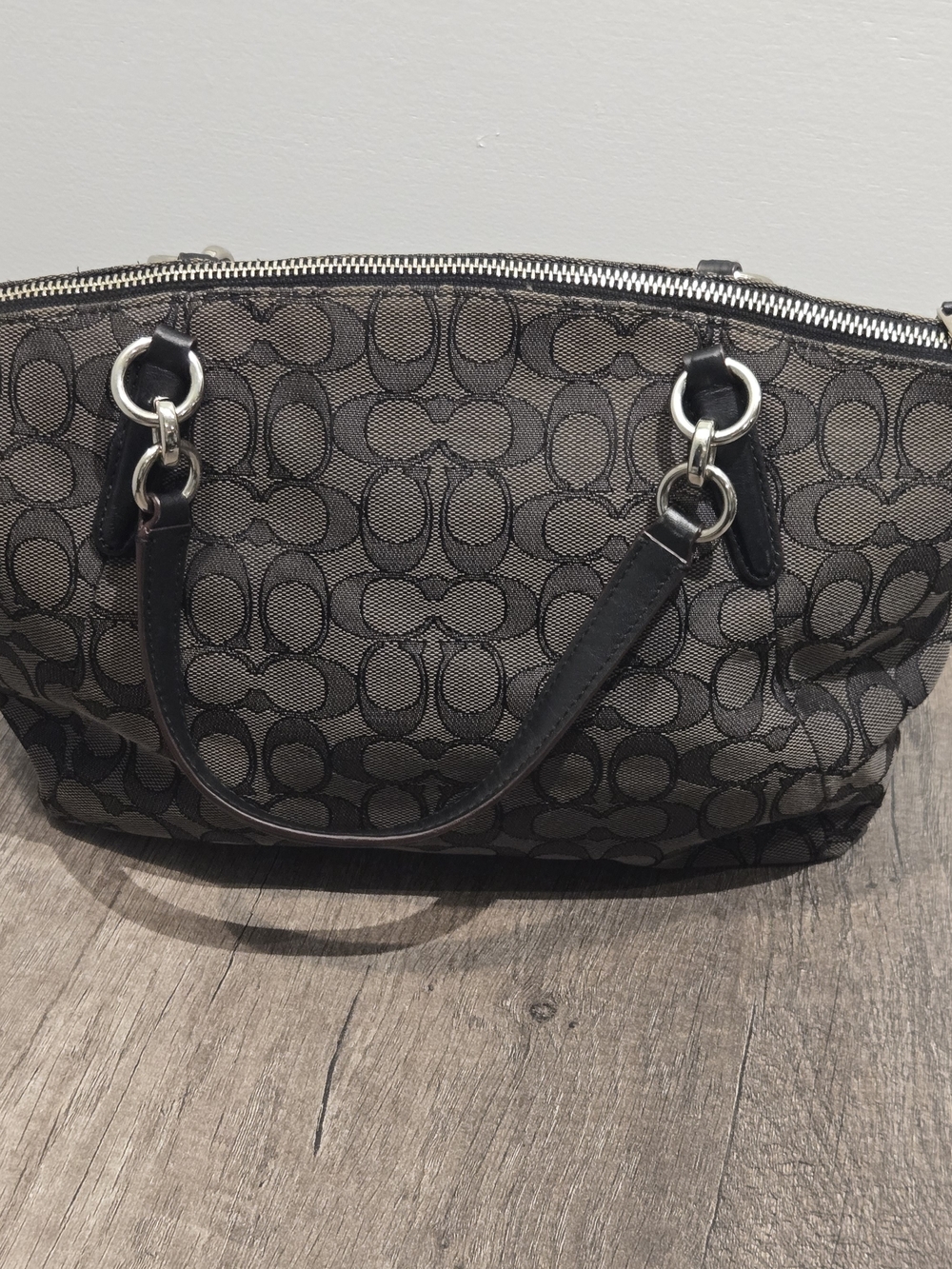 Coach Signature Small Kelsey Satchel Handbag Canvas Gray Black Purse Top Handles - Picture 13 of 16